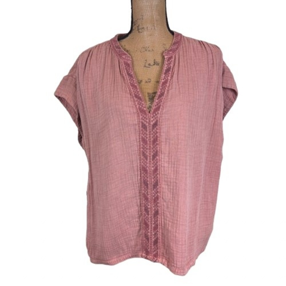 Faherty Lucia Top Rose Pink Dream Cotton Gauze Embroidered V-Neck Boho Size XL
